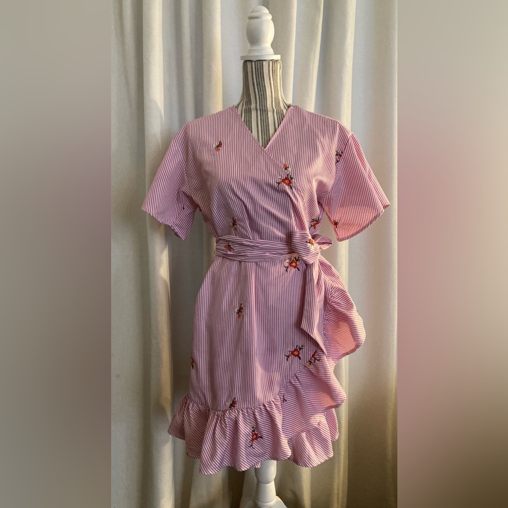 Pink red stripes floral embroidery wrap dress with ruffles Barbiecore pink